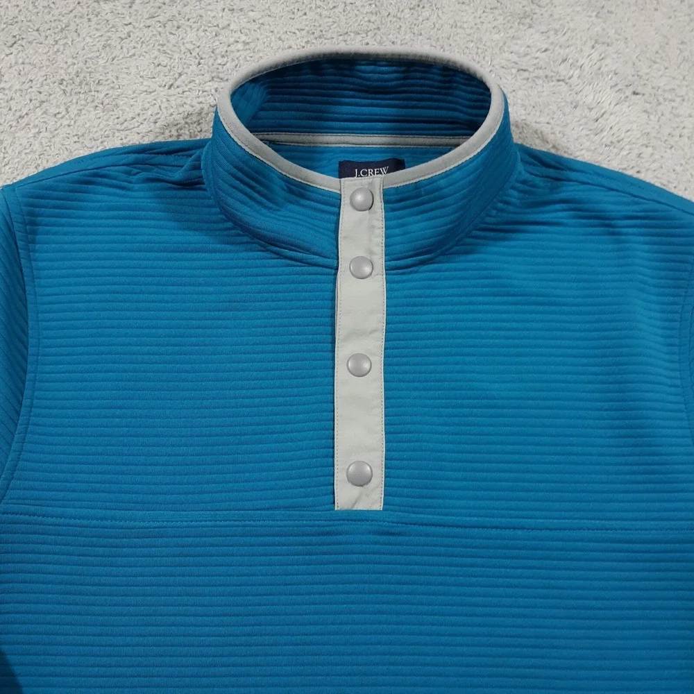 J.CREW Sweater Mens Medium Snaps Mock Neck Teal Blue Pullover Ribbed